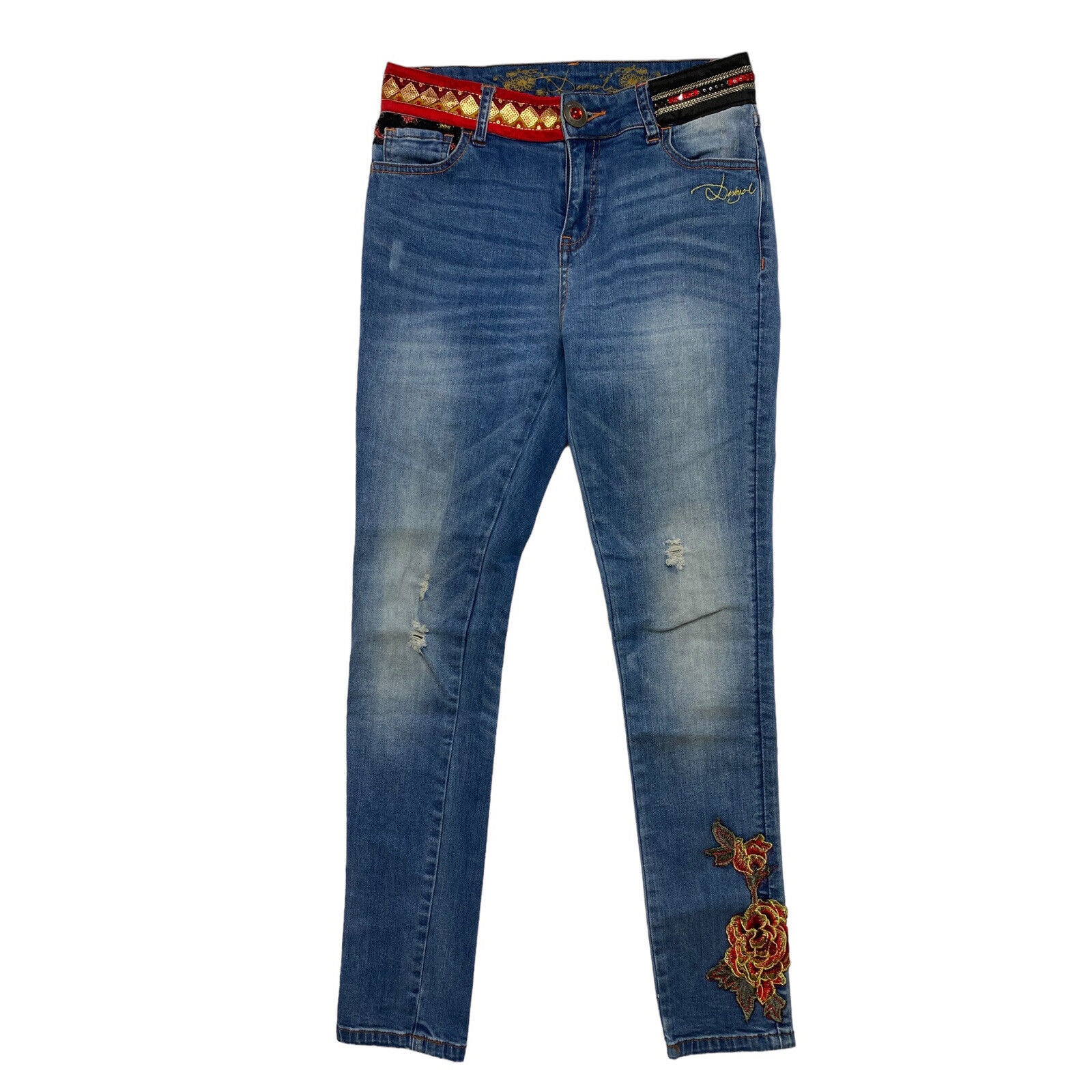 Desigual Pakaian Jadi Wanita Sequin Embellished Crop Skinny Jeans Size 24 Red